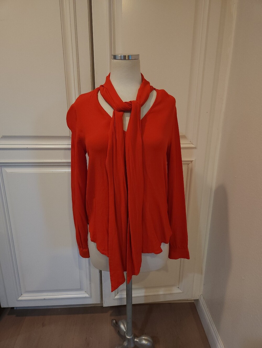 Womens Red Tie-Neck Blouse
